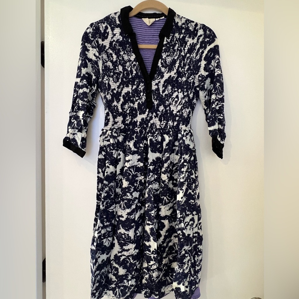 Navy and cream printed dress from Anthropologie with pockets!